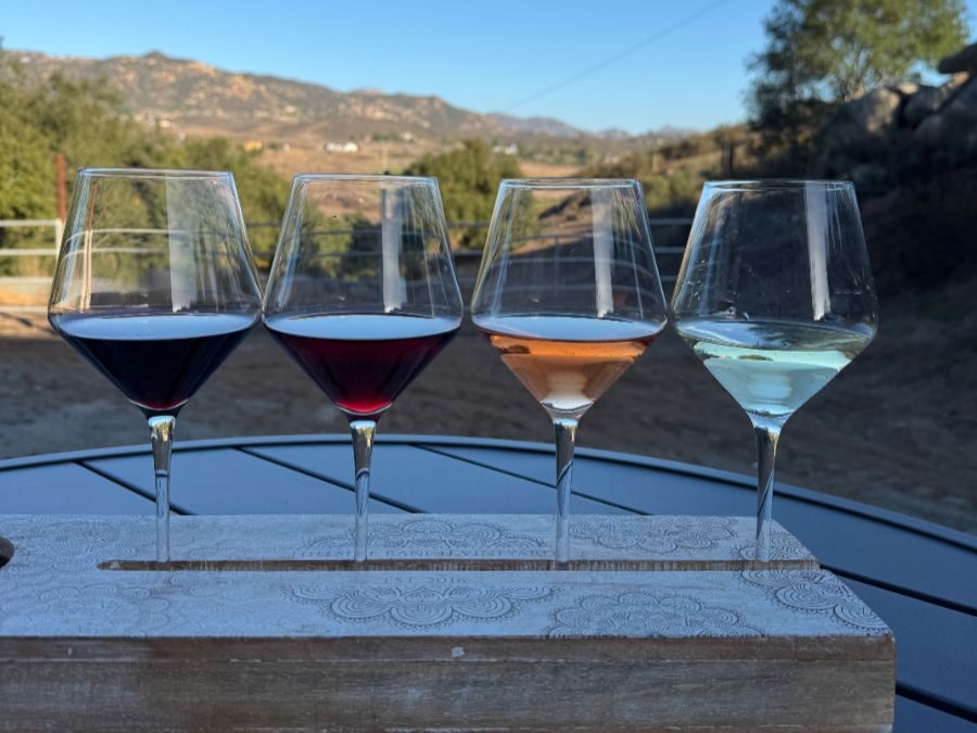Wine tasting flight at Hillside Ranch Vineyard near San Diego